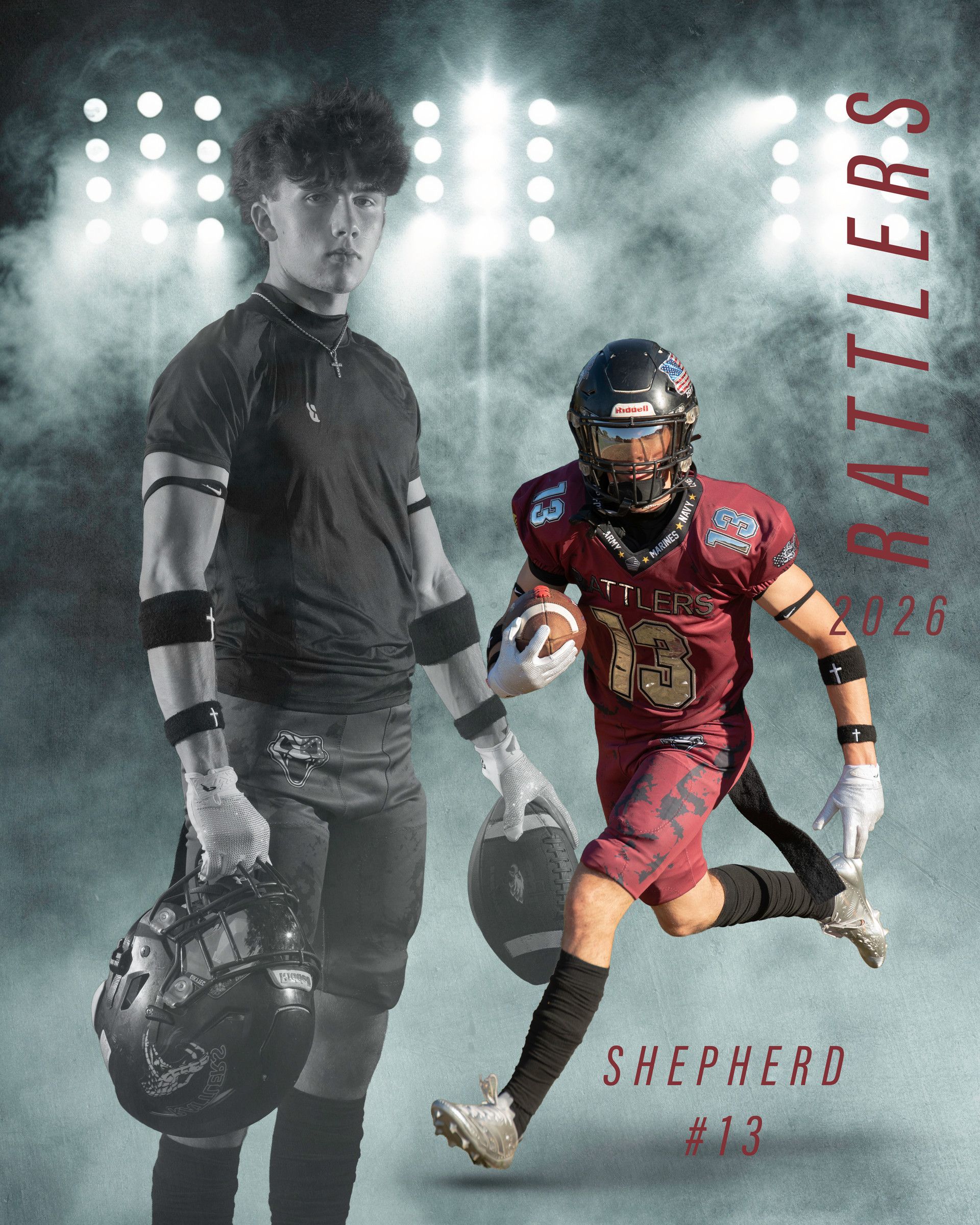 Jack Shepherd under stadium lights — a monochrome standing portrait holding his helmet beside a full-colour figure of him running with the ball through haze.